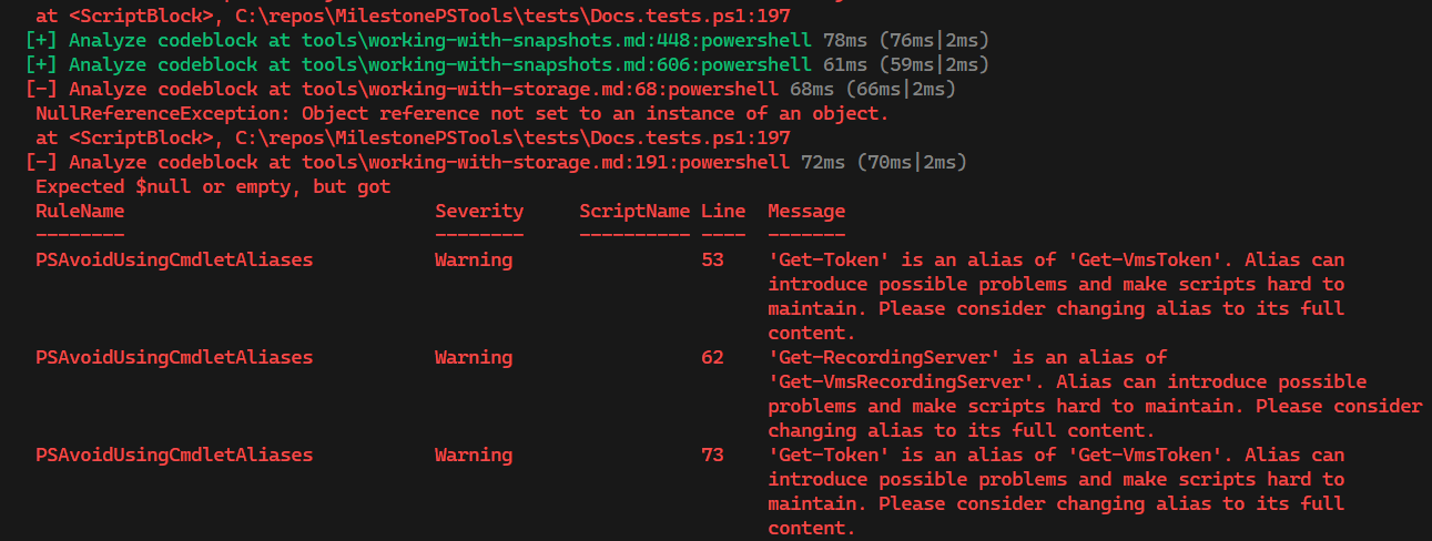 Screenshot of Pester test output highlighting the use of aliases within markdown documentation code blocks